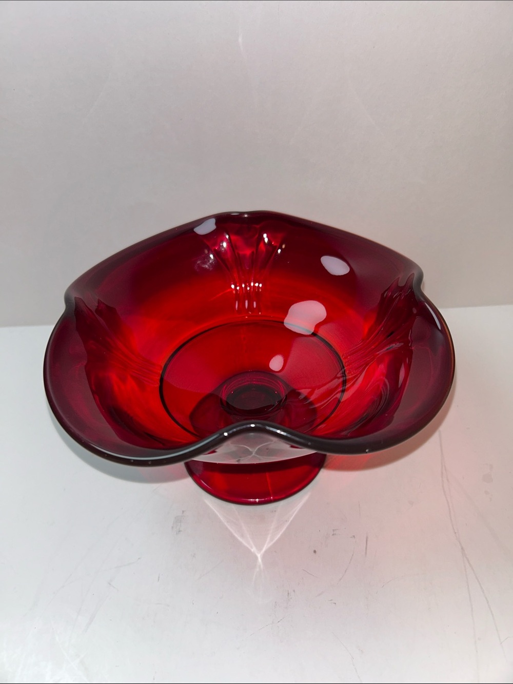 Viking Glass Ruby Red Ambrina Shine 4 Point Pedestal Ruffle Dish - Picture 5 of 15